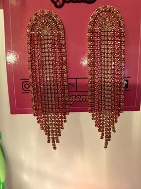 New Feed Me Gems Pink Multi-Row Rhinestone Fringe Earrings